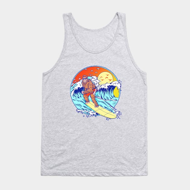 Surfing Bigfoot Funny Beach Sasquatch Surfer Waves Retro 80s Tank Top by GIANTSTEPDESIGN